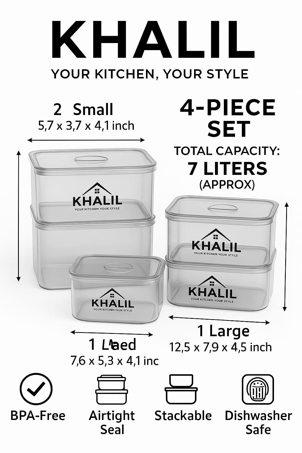 Khalil Food Storage Containers – 4 Piece Set (2 Small, 1 Medium, 1 Large) – BPA-Free Airtight Plastic Containers with Lids – Pantry, Fridge, Kitchen Storage Bins – Stackable & Reusable