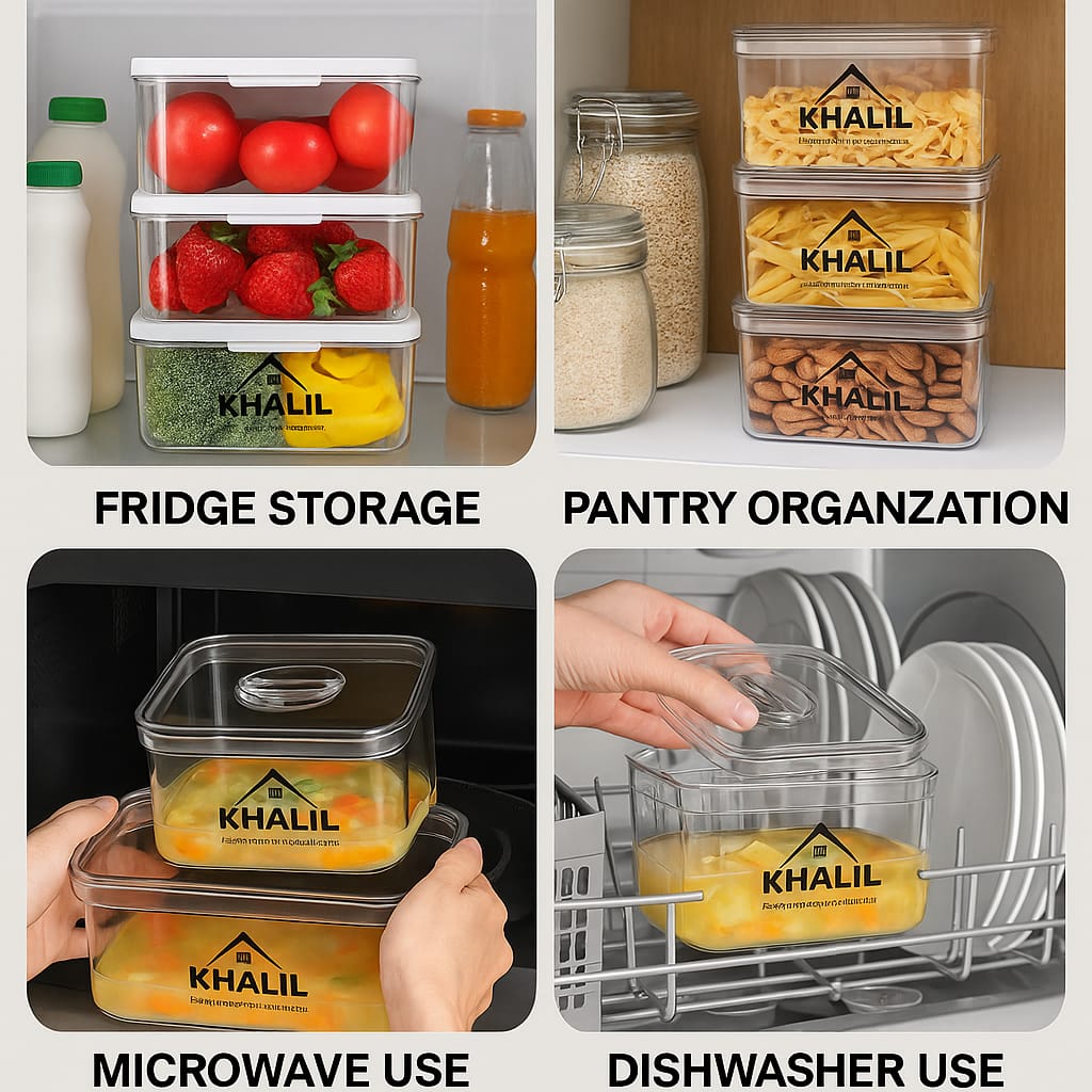 Khalil Food Storage Containers – 4 Piece Set (2 Small, 1 Medium, 1 Large) – BPA-Free Airtight Plastic Containers with Lids – Pantry, Fridge, Kitchen Storage Bins – Stackable & Reusable