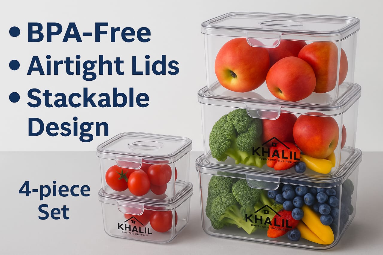Khalil Food Storage Containers – 4 Piece Set (2 Small, 1 Medium, 1 Large) – BPA-Free Airtight Plastic Containers with Lids – Pantry, Fridge, Kitchen Storage Bins – Stackable & Reusable