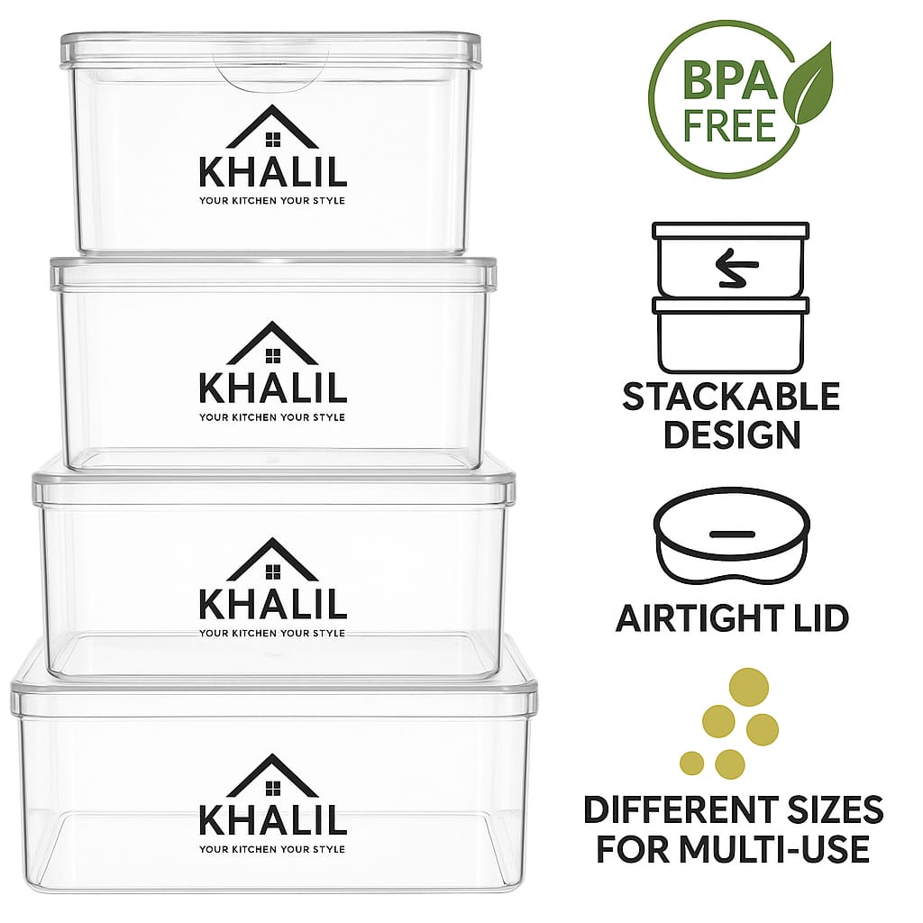 Khalil Food Storage Containers – 4 Piece Set (2 Small, 1 Medium, 1 Large) – BPA-Free Airtight Plastic Containers with Lids – Pantry, Fridge, Kitchen Storage Bins – Stackable & Reusable